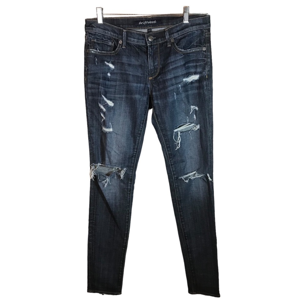 Driftwood women’s distressed skinny jeans size 27 dark wash inseam 32”